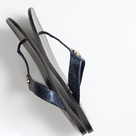 Tory Burch Cameron Sandals Metallic Embossed Crackled Leather Thong Blue 8.5 - Picture 4 of 7